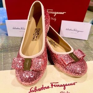 Salvatore Ferragamo Mini Varina Pink Glitter Girls Ballet Flats